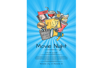 Vector cinema icons poster for movie night or festival