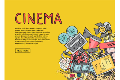 Vector cinema doodle icons on yellow background