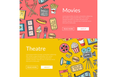 Vector cinema doodle icons banners illustration. Cinema elements sketc