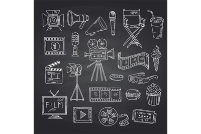 Vector cinema doodle icons on black chalkboard illustration