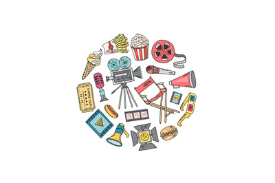 Vector cinema doodle icons in circle shape illustration