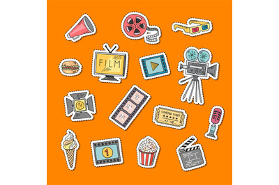 Vector cinema doodle icons stickers set illustration