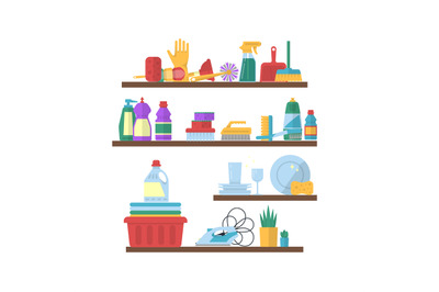 Vector cleaning flat elements on shelves illustration