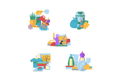 Vector cleaning flat icons piles set illustration