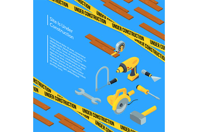 Vector under construction tools isometric icons on blue