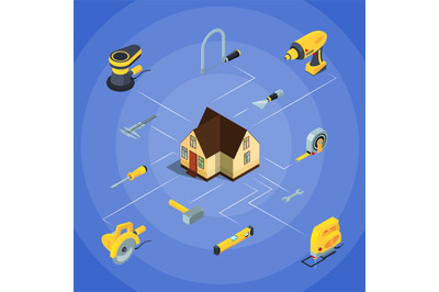 Vector construction tools isometric icons infographic illustration