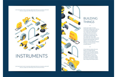 Vector construction tools isometric icons brochure on white