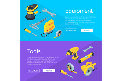 Vector construction tools isometric icons horizontal web banners illus