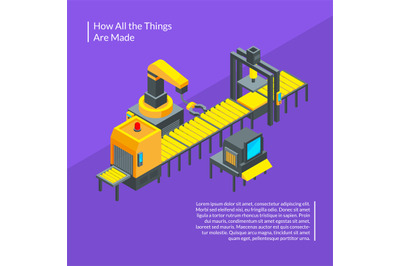 Conveyors work. Vector isometric conveyor elements concept illustratio