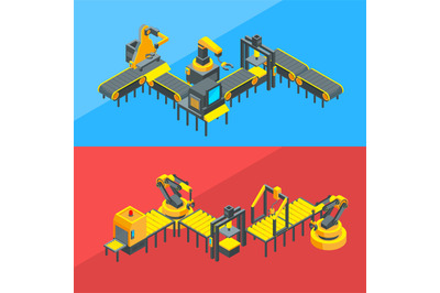 Vector isometric conveyor elements concept illustration