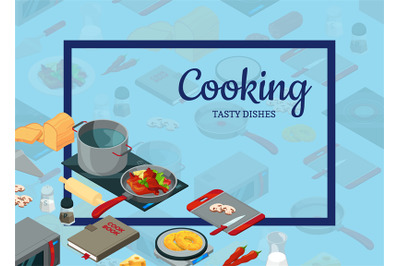 Vector cooking food isometric objects background illustration