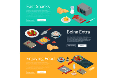 Vector cooking food isometric banners illustration. 3D meal