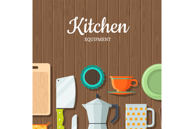 Vector kitchen utensils flat icons on wooden texture