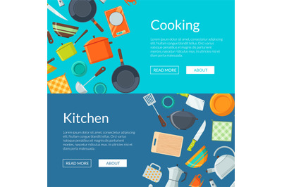 Vector kitchen utensils flat icons horizontal web banners illustration