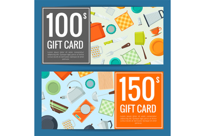 Vector kitchen utensils flat icons discount or gift card voucher templ