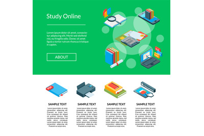 Vector isometric online education icons landing page template illustra