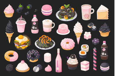 Set of black and pink foods, dishes, drinks and products.