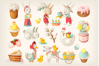 Set of Easter Icons and Images with Easter Bunny and Easter Food