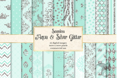 Aqua and Silver Glitter Digital Paper
