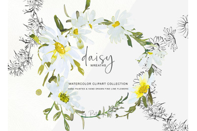 Watercolor Daisy Wreath Clip Art - Hand Painted Daisy Wreath