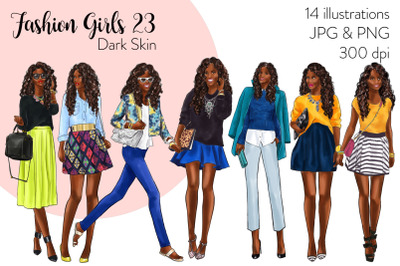 Watercolor Fashion Clipart - Fashion Girls 23 - Dark Skin