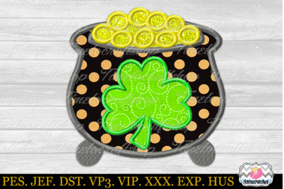 St Patrick&#039;s Day Pot of Gold Applique Embroidery Design
