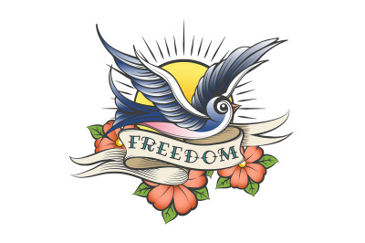 Old School Tattoo with Bird and Wording Freedom