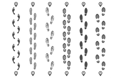 Footsteps track routes. Footprint trail, footstep imprint way route an