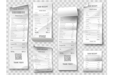 Shopping receipt. Retail store purchase receipts, supermarket invoice