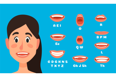 Talking woman mouth animation. Female character talking, speak mouths