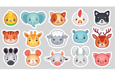 Cute animal stickers. Smiling adorable animals faces&2C; kawaii sheep and