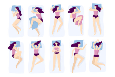 Girl sleeping poses. Various sleep pose with hand on pillow case. Slee