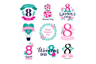 Eight march badges. International Womens Day congratulations, 8 logo a