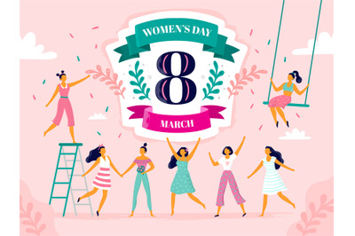 Celebrating womens day. Eight march celebration, happy laughing woman