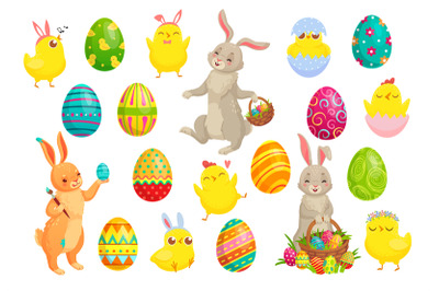 Easter bunny eggs. Cute rabbit&2C; spring chicks and colorful egg vector