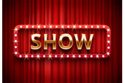 Theater show label. Festive stage lights shows, golden text on red cur