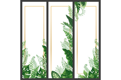 Exotic leaves banner. Tropical monstera leaf, palm branch and vintage