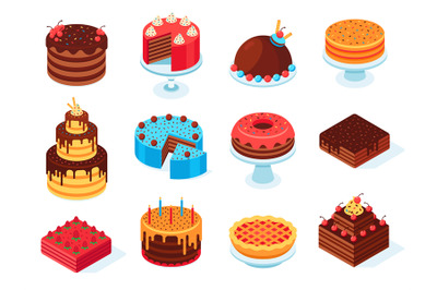 Isometric cakes. Chocolate cake slice, delicious sliced birthday pie a