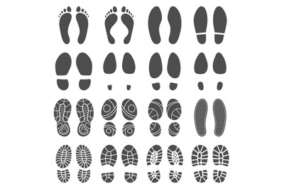 Footprints silhouettes. Barefoot steps prints&2C; boots step and foot fee