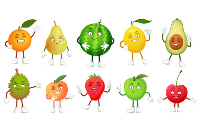 Cartoon fruit character. Happy fruits mascot funny durian, smiling app