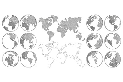 Sketch map. Hand drawn earth globe&2C; drawing world maps and globes sket