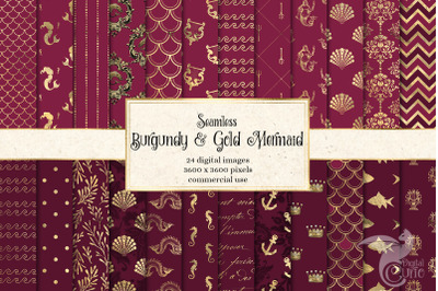 Burgundy and Gold Mermaid Digital Paper
