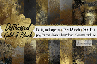 16 Distressed Metallic Gold Foil and Black Digital Papers