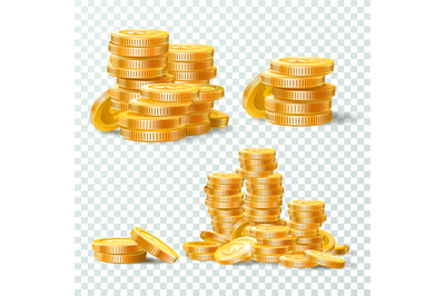 Stack of gold coins. Golden coin pile, money stacks and golds piles is