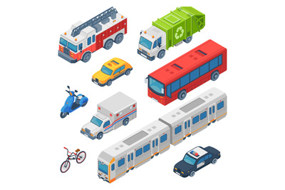 Isometric city transport. Ambulance&2C; police car and fire engine. Subwa