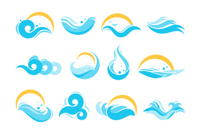 Sea water icons. Ocean waves, agua splash and blue river wave. Lake wa