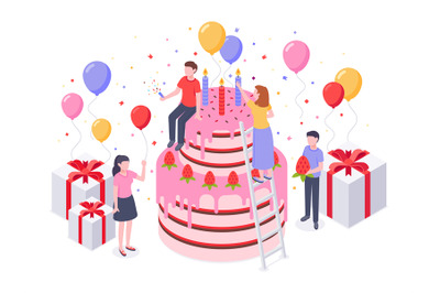 Isometric birthday cake. Party confetti, cakes present and birthdays s