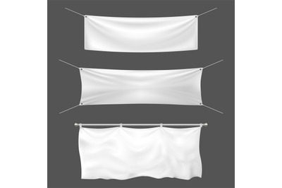 Textile banner mockup. Empty sign banner&2C; hanging blank white banners