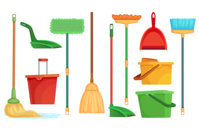 Housework broom and mop. Sweeper brooms, home cleaning mops and cleanu