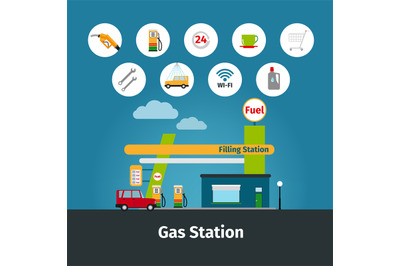 Gas station with flat icons